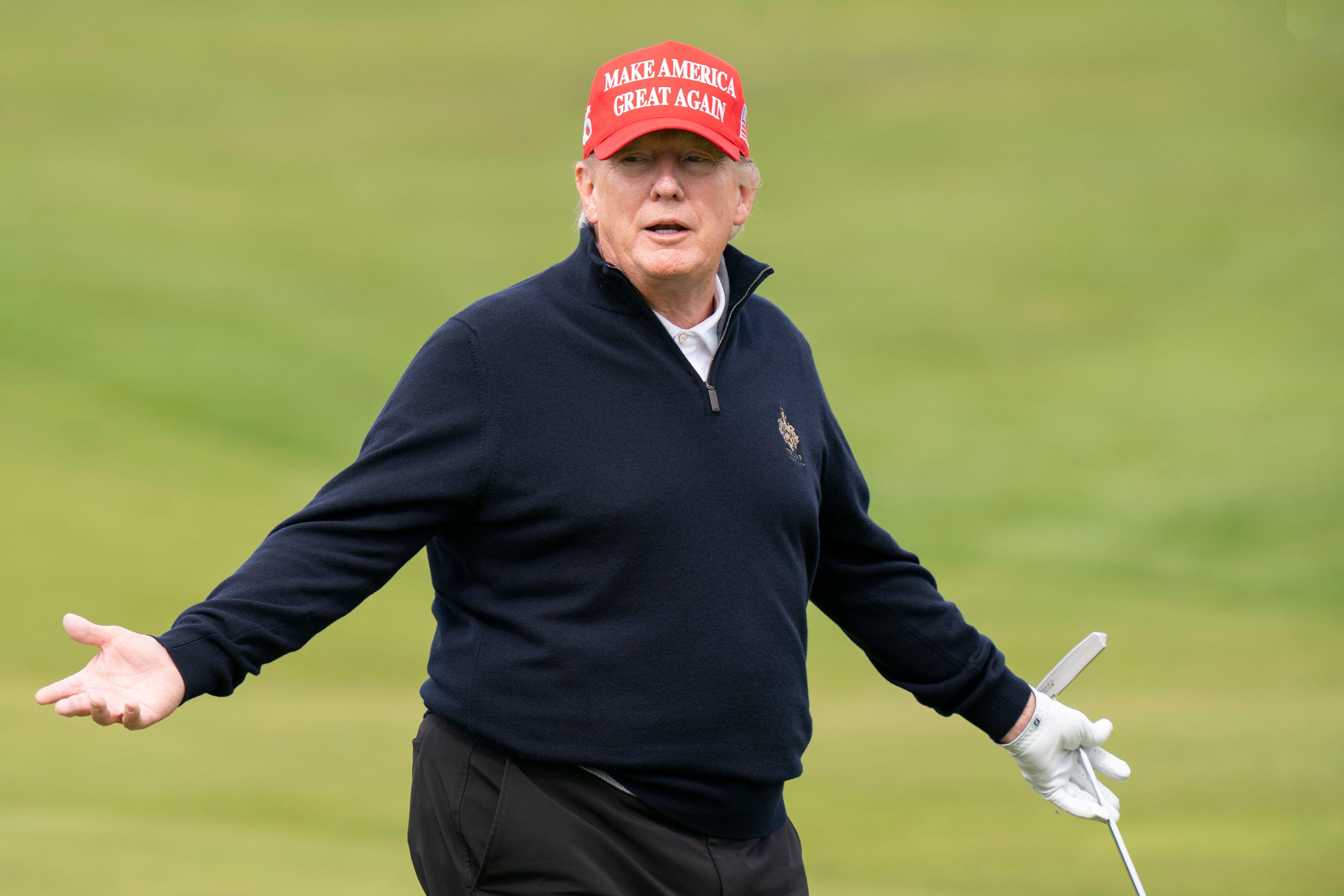 Former US president Donald Trump playing golf at Turnberry golf course during his visit to the UK. Picture date: Tuesday May 2, 2023.