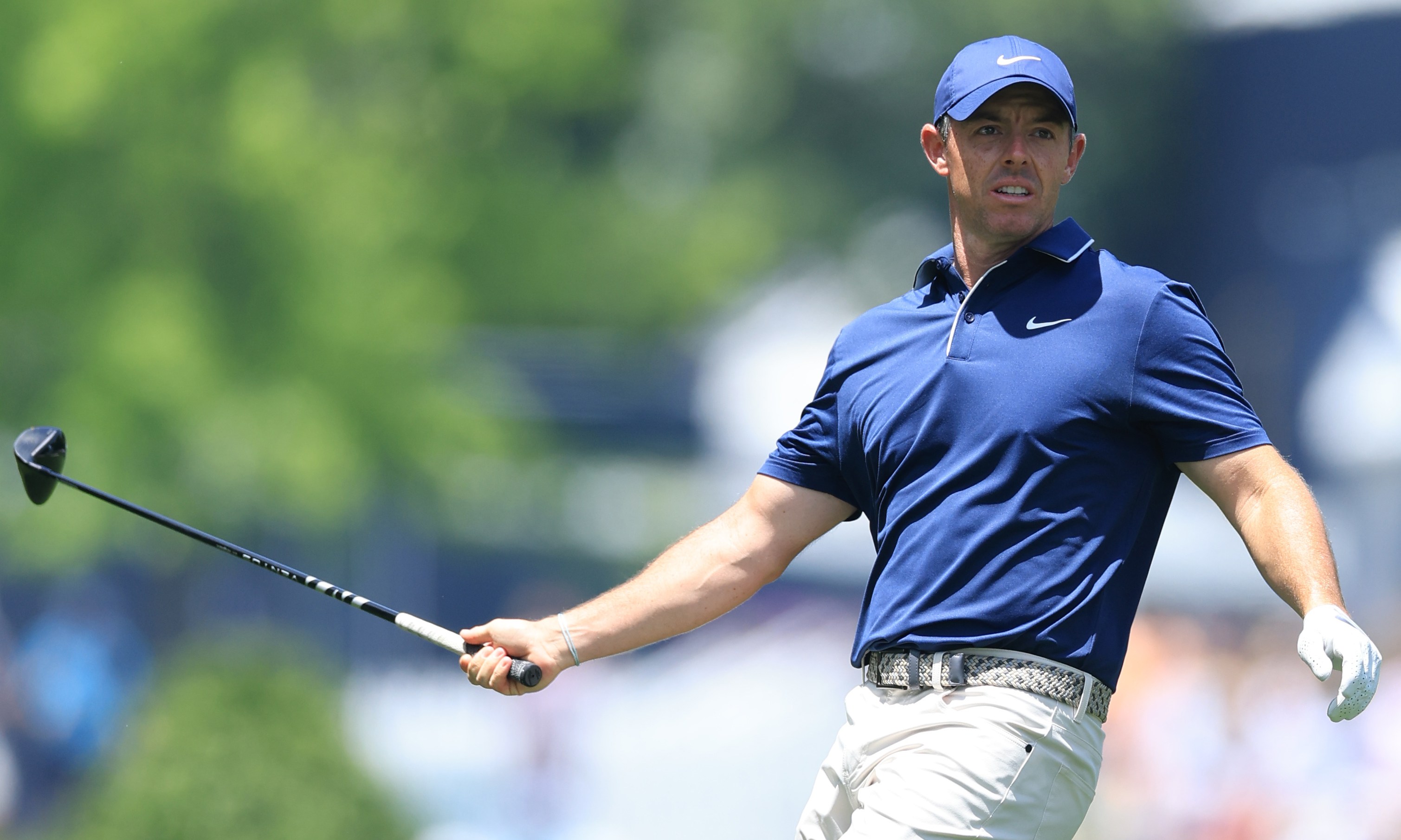 Rory McIlroy reacting to his second shot on the 10th hole during the third round of the PGA Championship.