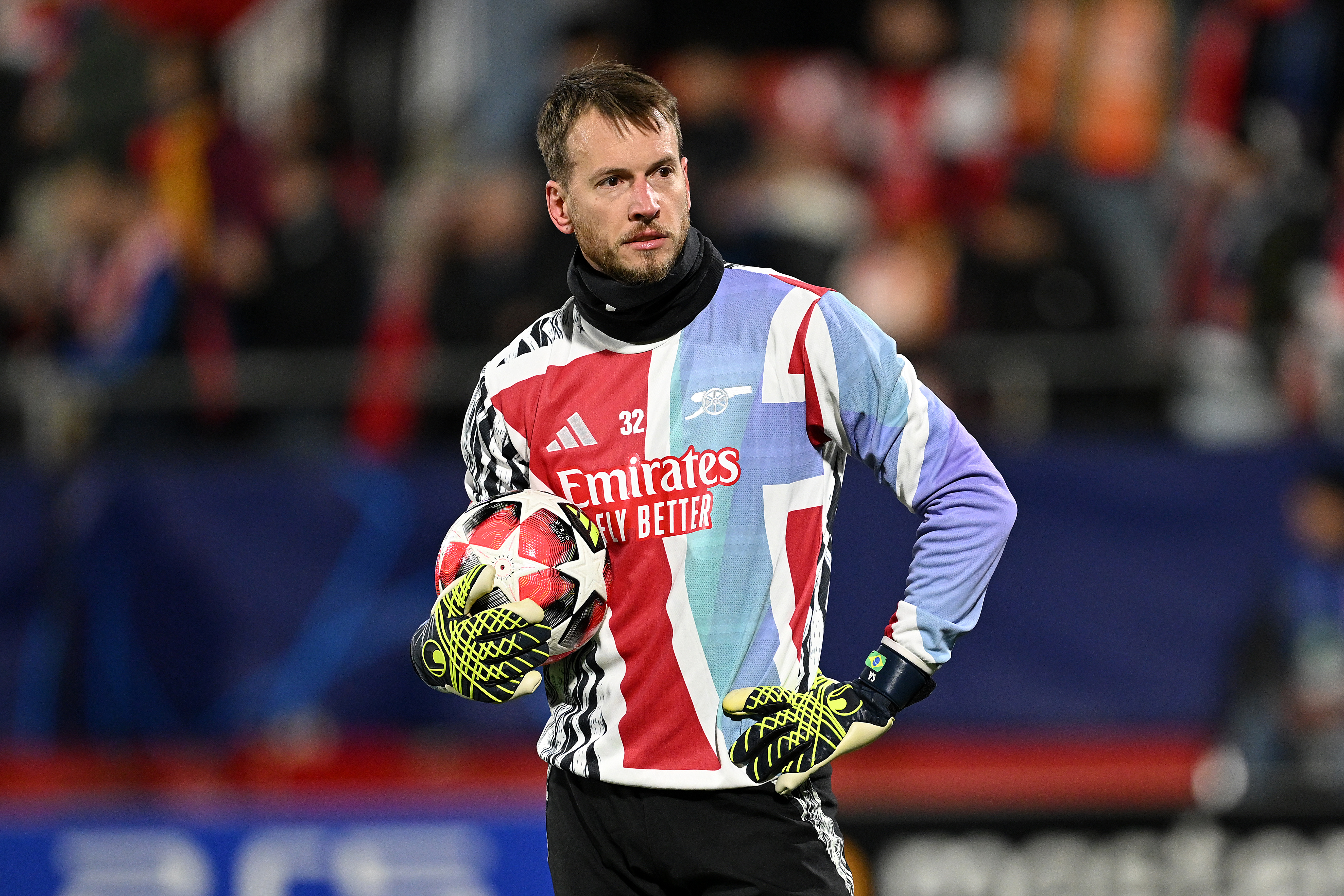 Neto of Arsenal during warm-up at a Champions League match.