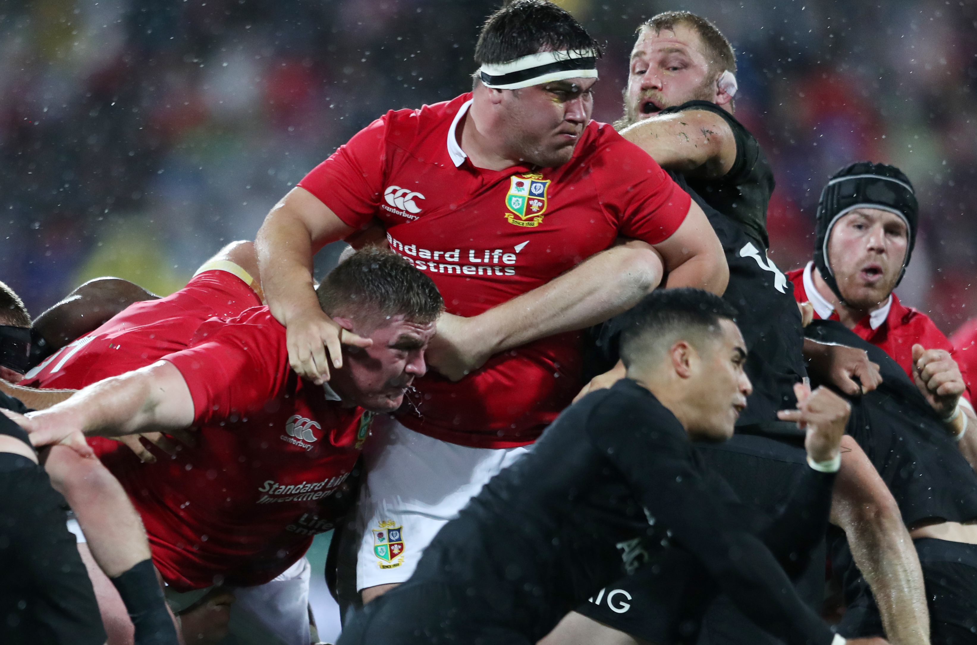 British & Irish Lions rugby players in a scrum.