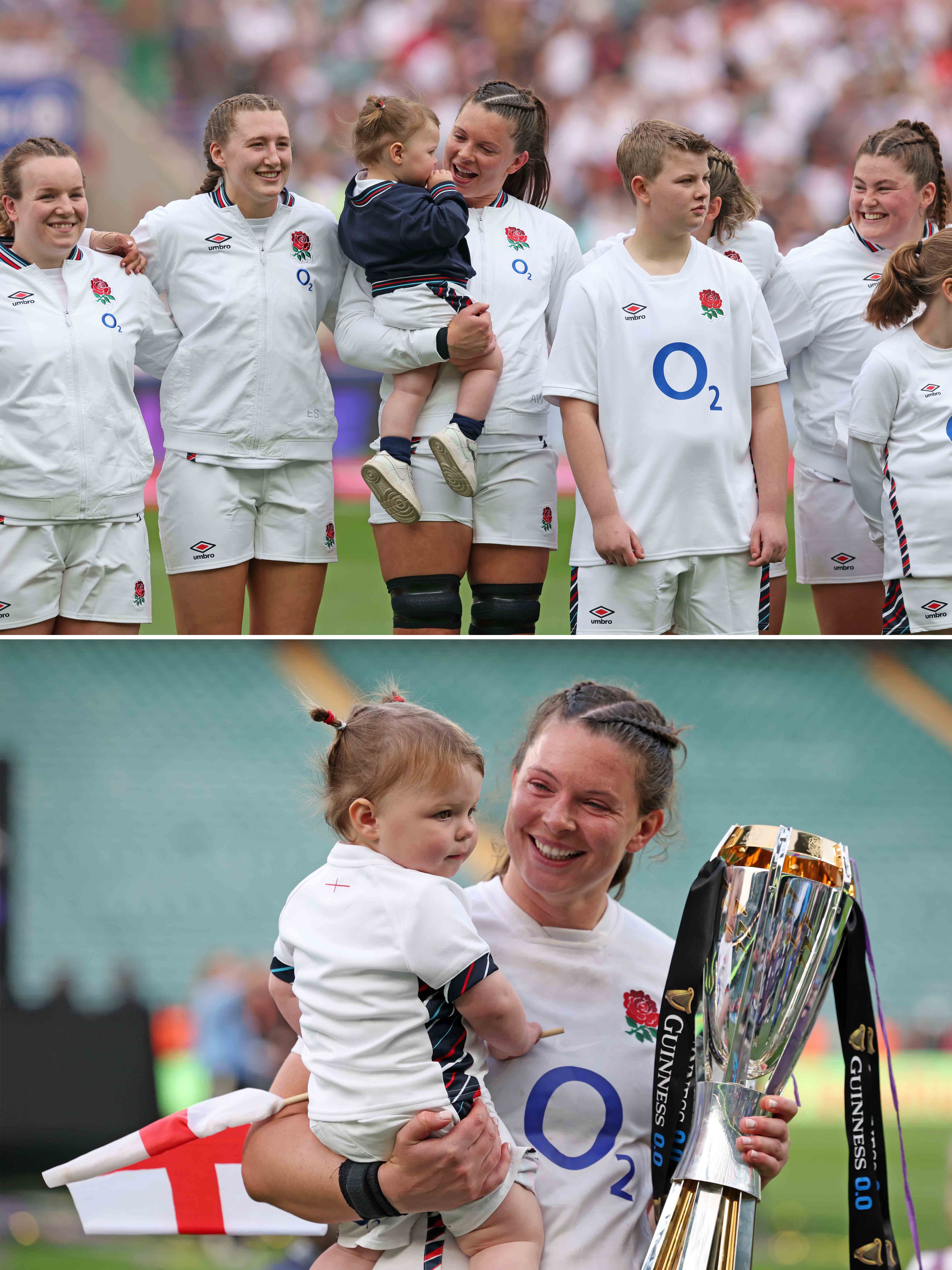 England women's rugby team celebrating their Grand Slam victory, holding the trophy and a child.