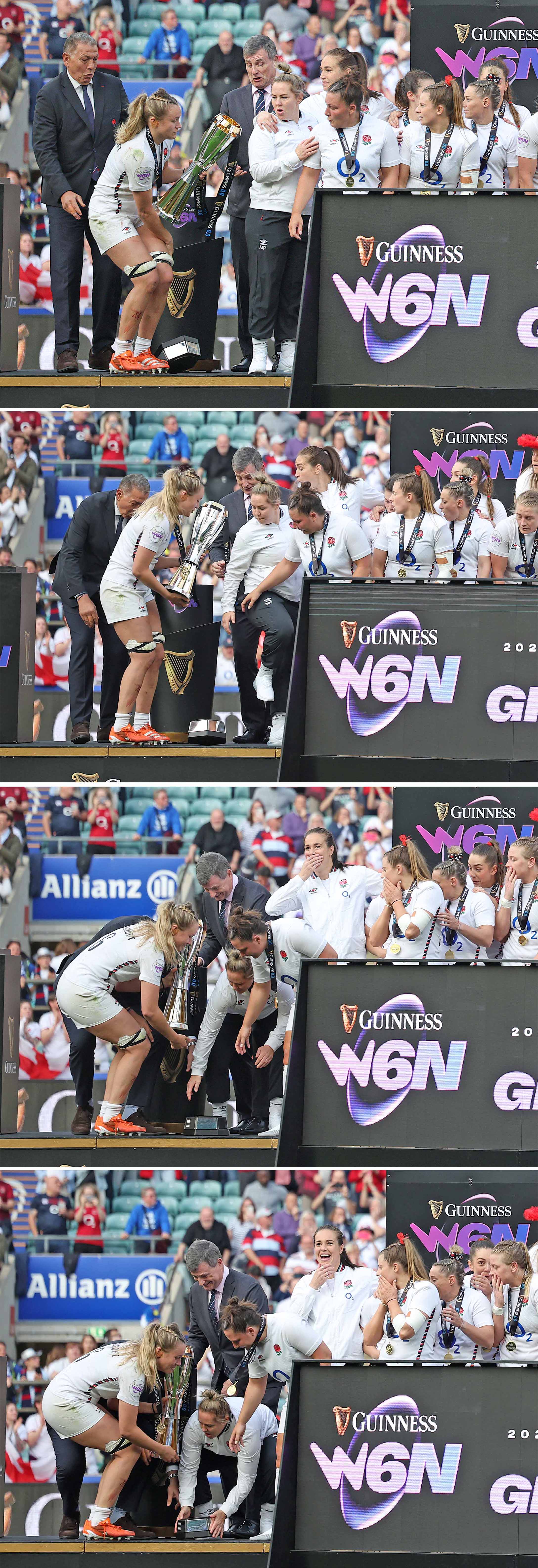 Collage of the England women's rugby team celebrating their Grand Slam victory.
