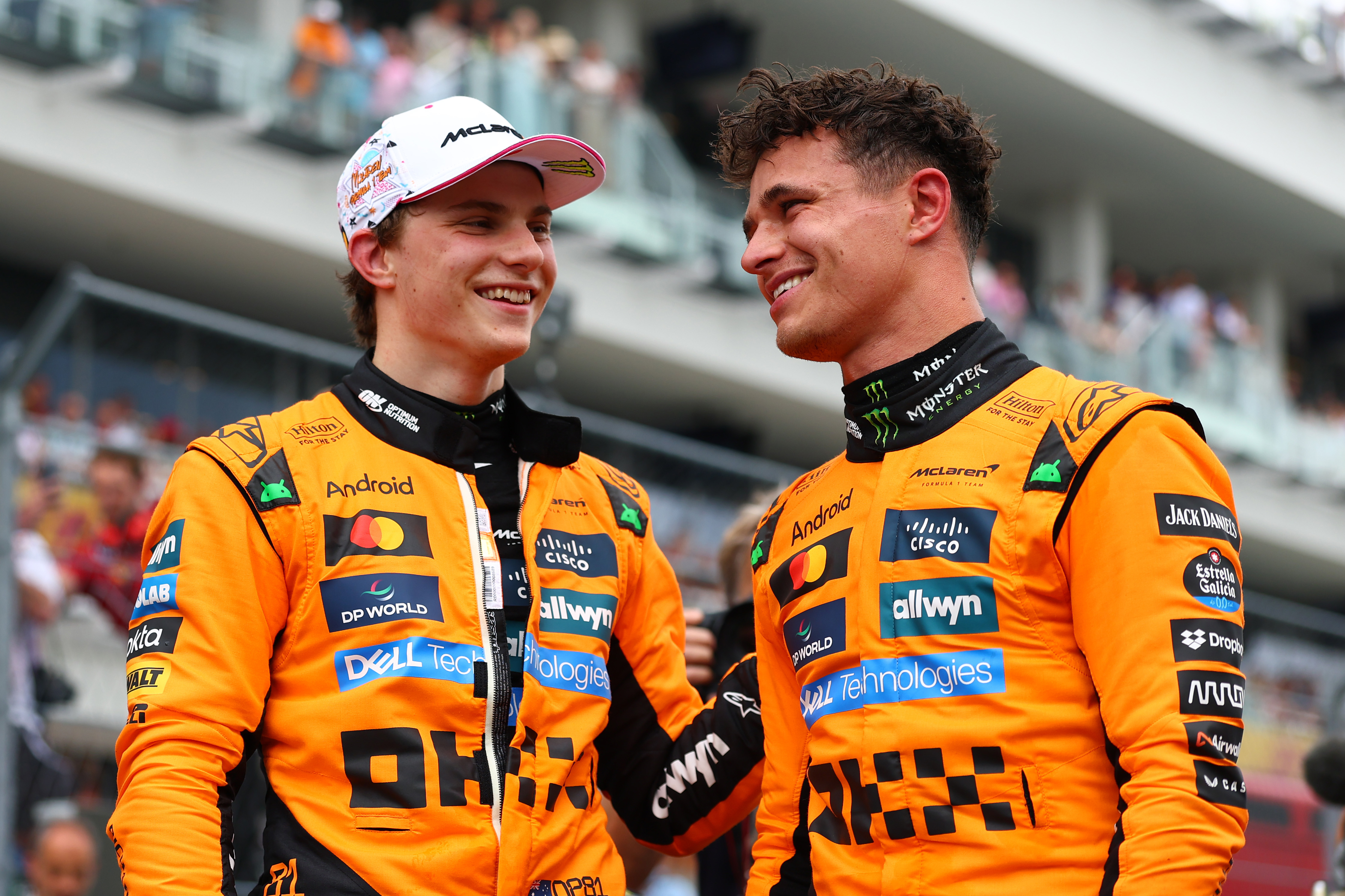 Lando Norris and Oscar Piastri, McLaren Formula 1 drivers, talking in parc ferme.